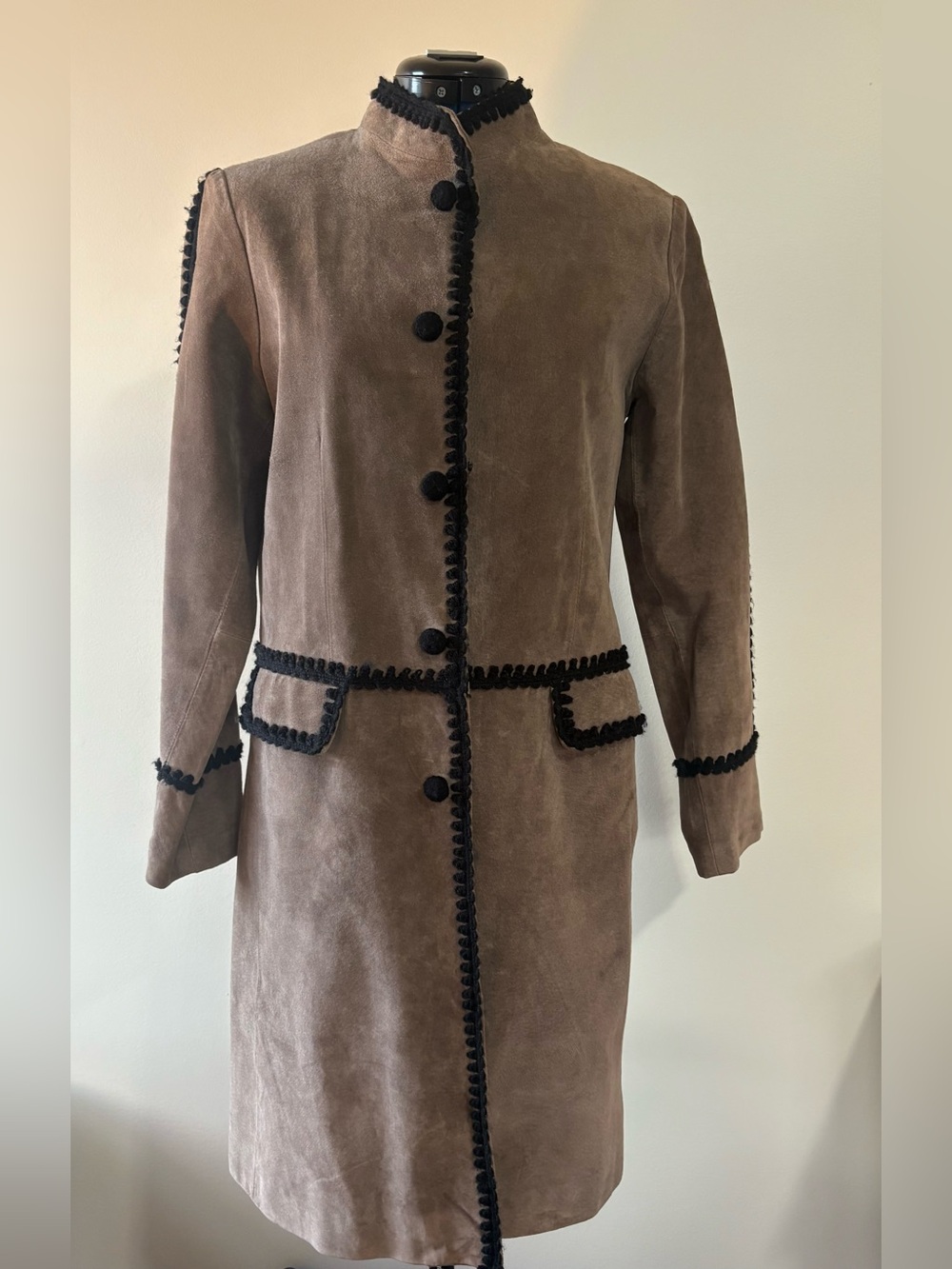 Taupe Suede Trench Coat with Black Trim - Women's Trench Coat